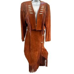 Continental Leather Fashion Vintage Suede Fringed Beaded Jacket/Long Skirt-Rare